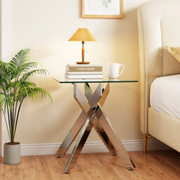 Costway Glass Side Table Square Coffee Table With Tempered Glass Top & Metal X Base - thumbnail 4