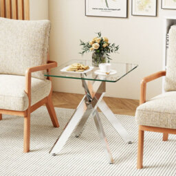 Costway Glass Side Table Square Coffee Table With Tempered Glass Top & Metal X Base