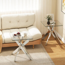 Costway Glass Side Table Square Coffee Table With Tempered Glass Top & Metal X Base - thumbnail 7