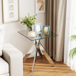 Costway Glass Side Table Square Coffee Table With Tempered Glass Top & Metal X Base - thumbnail 2