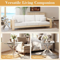 Costway Glass Side Table Square Coffee Table With Tempered Glass Top & Metal X Base - thumbnail 3