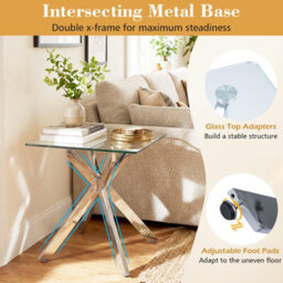Costway Glass Side Table Square Coffee Table With Tempered Glass Top & Metal X Base - thumbnail 8