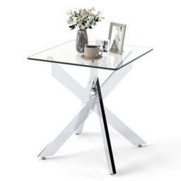 Costway Glass Side Table Square Coffee Table With Tempered Glass Top & Metal X Base - thumbnail 9