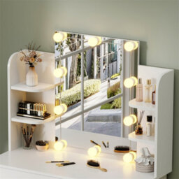 Furniturehmd Dressing Table With Led Bulb,white Vanity Desk With 4 Shelves And One Drawer,modern Makeup Table - thumbnail 4