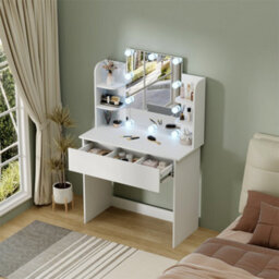 Furniturehmd Dressing Table With Led Bulb,white Vanity Desk With 4 Shelves And One Drawer,modern Makeup Table