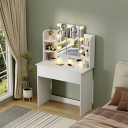Furniturehmd Dressing Table With Led Bulb,white Vanity Desk With 4 Shelves And One Drawer,modern Makeup Table - thumbnail 2