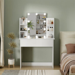 Furniturehmd Dressing Table With Led Bulb,white Vanity Desk With 4 Shelves And One Drawer,modern Makeup Table - thumbnail 3
