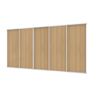 A-Class Sliding Doors Set Of 5 Mid Oak Sliding Wardrobe Door Kit In White Frame & Tracks, Opening Height (H) 225-226Cm & Width (W) 370-371Cm - image 1