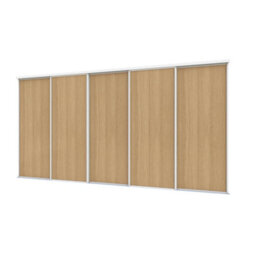 A-Class Sliding Doors Set Of 5 Mid Oak Sliding Wardrobe Door Kit In White Frame & Tracks, Opening Height (H) 225-226Cm & Width (W) 370-371Cm - thumbnail 1