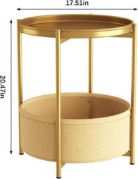 Huhote Two Tier Gold Round End Table With Fabric Storage Basket Bedside Nightstand For Small Space - thumbnail 6