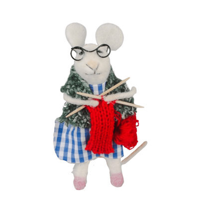 Originals International Ltd Originals Felt Knitting Mouse Christmas Tree Decoration - Small Whimsical White Felt Hanging Ornament, 13.5 X 8 Cm