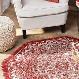 Beliani Mezitili 120Cm Round Cotton Rug - Red Mandala Boho Oriental Design - thumbnail 2