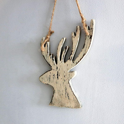 Shatchi 26Cm Cream Christmas Wooden Hanging Deer Wall Decoration Xmas Home Office Holiday Decorative Centrepiece - image 1