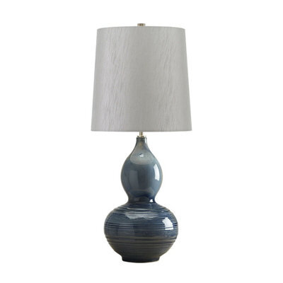 Stylish Textured Blue Table Lamp With Light Grey Faux Silk Shade For Modern Interiors
