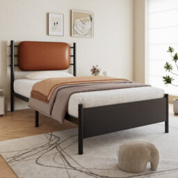Btm Metal 3Ft Single Bed 90X190Cm Pu Upholstered Headboard Black Wrought Iron Durable Sturdy Bed For Adults Teenagers Youth Bed - thumbnail 2