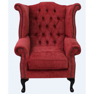 Chesterfield High Back Wing Chair Velluto Red Fabric In Queen Anne Style - image 1