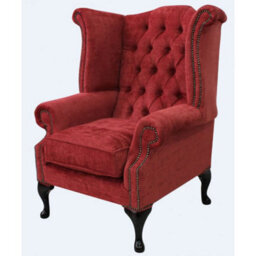 Chesterfield High Back Wing Chair Velluto Red Fabric In Queen Anne Style - thumbnail 2