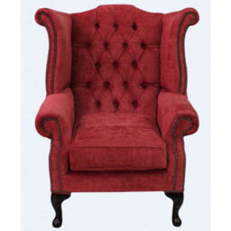 Chesterfield High Back Wing Chair Velluto Red Fabric In Queen Anne Style - thumbnail 1