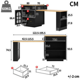Btm Extendable Bar Table 122.5To195.5 X70 X93.5Cm With Storage Drawers And Glass Door, Led Kitchen Island For 2To6 People - thumbnail 8