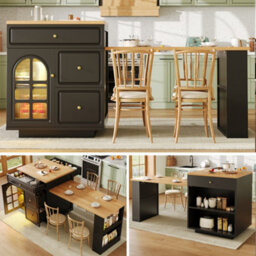 Btm Extendable Bar Table 122.5To195.5 X70 X93.5Cm With Storage Drawers And Glass Door, Led Kitchen Island For 2To6 People - thumbnail 1