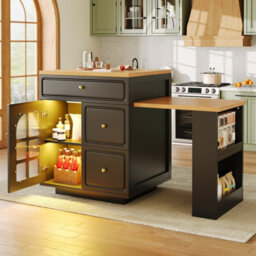 Btm Extendable Bar Table 122.5To195.5 X70 X93.5Cm With Storage Drawers And Glass Door, Led Kitchen Island For 2To6 People - thumbnail 7