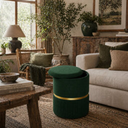 Wyld Haus Rapa Etched Velvet Dark Green Storage Ottoman With Gold Detail - Round 36 X 44 Cm - thumbnail 1