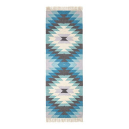 Homescapes Helsinki Handwoven Geometric Pattern Blue Grey And Cream Kilim Wool Rug, 66 X 200 Cm - thumbnail 2