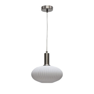 First Choice Lighting Baton - White Ribbed Oval Glass Satin Nickel Deco Pendant Fitting - image 1