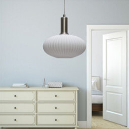 First Choice Lighting Baton - White Ribbed Oval Glass Satin Nickel Deco Pendant Fitting - thumbnail 4