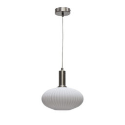 First Choice Lighting Baton - White Ribbed Oval Glass Satin Nickel Deco Pendant Fitting - thumbnail 1