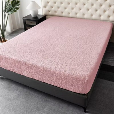 Teddy Fleece Fitted Sheet Soft Fluffy Warm Bed Sheet, Cosy Winter Bedding, Plush Fleece Mattress Cover (Pink)