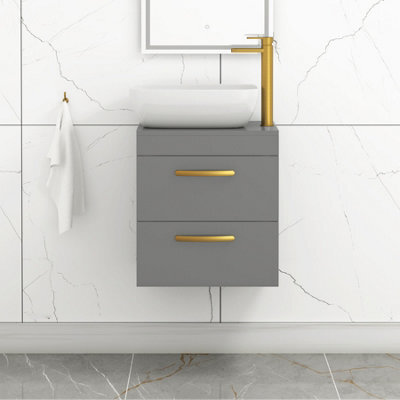 Royal Bathrooms 500mm Wall Hung Vanity Unit 2 Drawer Indigo Grey Gloss & Elva Countertop Basin With Brushed Brass Handle - image 1