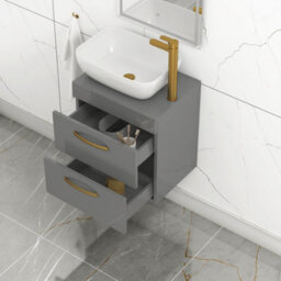 Royal Bathrooms 500mm Wall Hung Vanity Unit 2 Drawer Indigo Grey Gloss & Elva Countertop Basin With Brushed Brass Handle - thumbnail 3