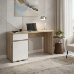 Amos Mann Furniture Langley Oak And White Gloss Computer Study Desk With Drawer And Cupboard