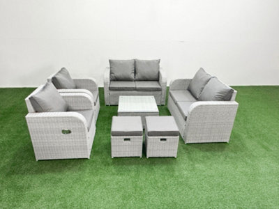 Fimous 8 Seater Outdoor Reclining Chair Love Sofa Set Rattan Garden Furniture Set Square Coffee Table 2 Stools Light Grey - image 1