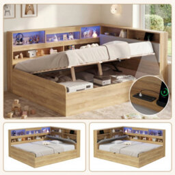 Btm 4Ft6 Wooden Daybed, Hydraulic Storage Bed With Led Lighting & Usb Charging, Natural