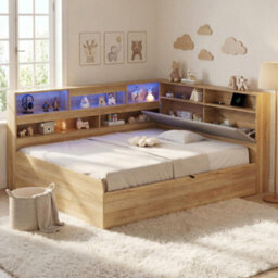 Btm 4Ft6 Wooden Daybed, Hydraulic Storage Bed With Led Lighting & Usb Charging, Natural - thumbnail 5
