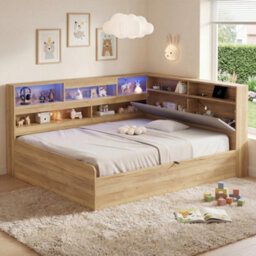 Btm 4Ft6 Wooden Daybed, Hydraulic Storage Bed With Led Lighting & Usb Charging, Natural - thumbnail 3