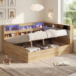 Btm 4Ft6 Wooden Daybed, Hydraulic Storage Bed With Led Lighting & Usb Charging, Natural - thumbnail 2