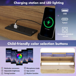 Btm 4Ft6 Wooden Daybed, Hydraulic Storage Bed With Led Lighting & Usb Charging, Natural - thumbnail 9
