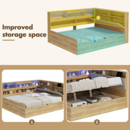 Btm 4Ft6 Wooden Daybed, Hydraulic Storage Bed With Led Lighting & Usb Charging, Natural - thumbnail 8