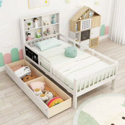 Single Size Bed Frame W/2 Storage Drawers & Bookcase Headboard - thumbnail 2