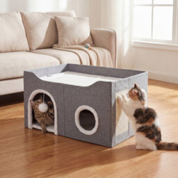 Skylos Cat House 2-Layer Soft Cave Cube Fluffy Ball Grey Scratching Board - thumbnail 1