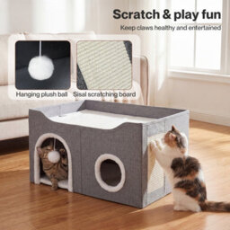 Skylos Cat House 2-Layer Soft Cave Cube Fluffy Ball Grey Scratching Board - thumbnail 6