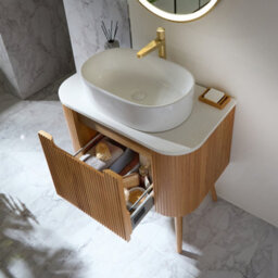 Homestylestore 800mm Oak Floorstanding Fluted Bathroom Vanity Unit And Oval Basin - thumbnail 2