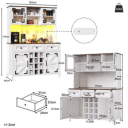 Abrihome Tall Kitchen Cabinet With 4 Doors & 3 Drawers, Usb Ports & Power Outlets, Side Cabinet For Kitchen, 120 X 40 X 170 Cm, White - thumbnail 7