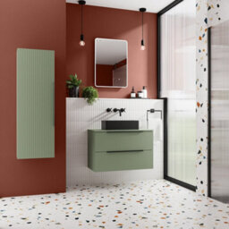 Hudson Reed Fluted Wall Hung 2-Drawer Vanity Unit & Bellato Grey Laminate Worktop, Counter Top Vanity Unit In Satin Green, 600mm - thumbnail 2