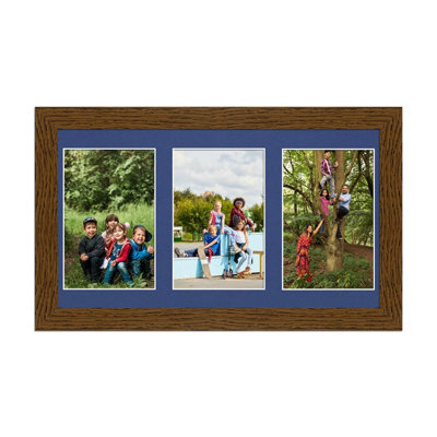 AK Frames 40X20Cm Dark Oak Modern Multi Photo Frame With Blue Mount - Holds 3 Apertures (3X) 6X4 Photos - image 1