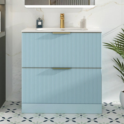 Royal Bathrooms Evora 800mm Powder Blue Fluted Floor Standing Bathroom Vanity Unit 2 Drawer Cabinet With Ceramic Basin & Brushed Brass Handles - image 1