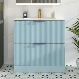 Royal Bathrooms Evora 800mm Powder Blue Fluted Floor Standing Bathroom Vanity Unit 2 Drawer Cabinet With Ceramic Basin & Brushed Brass Handles